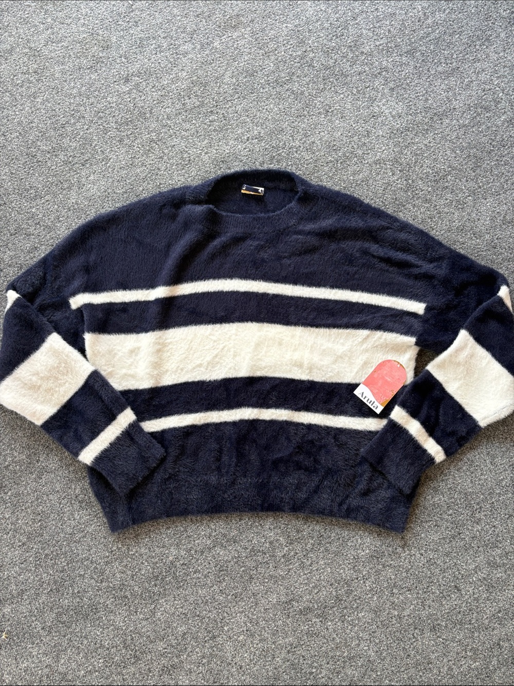 ARULA Navy and Cream Fuzzy Knit Sweater - Striped - Size 2X